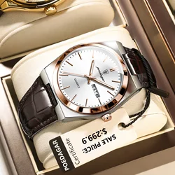 Luxury Men's Quartz Watch with Leather Strap - Waterproof, Luminous, Date Function, Includes Gift Box (930 Rose Gold White)