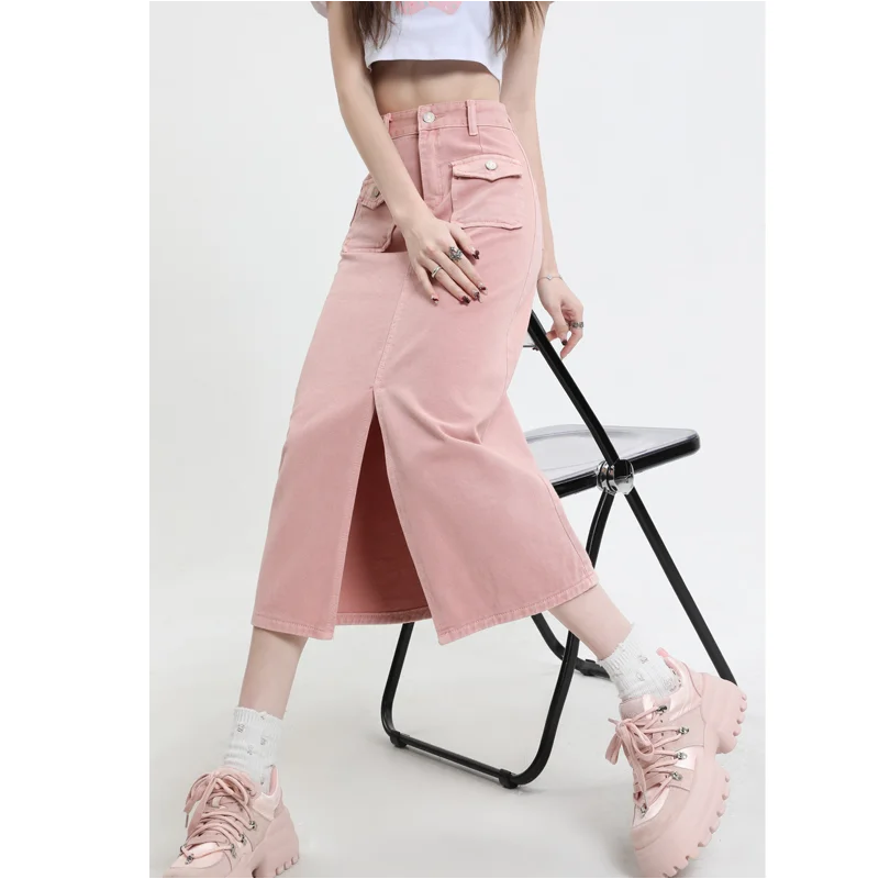 Jeans Women's Pink Spring/Winter Leisure Commuter Denim Skirt Women's Mid length Dress New Loose High Waist A-line Slim