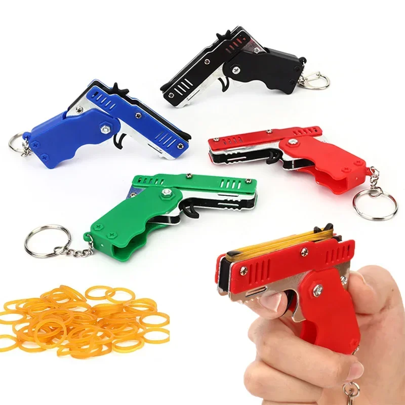 Mini Keychain Gun Rubber Band Gun Toy Shooting Pistol Alloy Kid Outdoor Activities Party Game Birthday Gift Children 1PC
