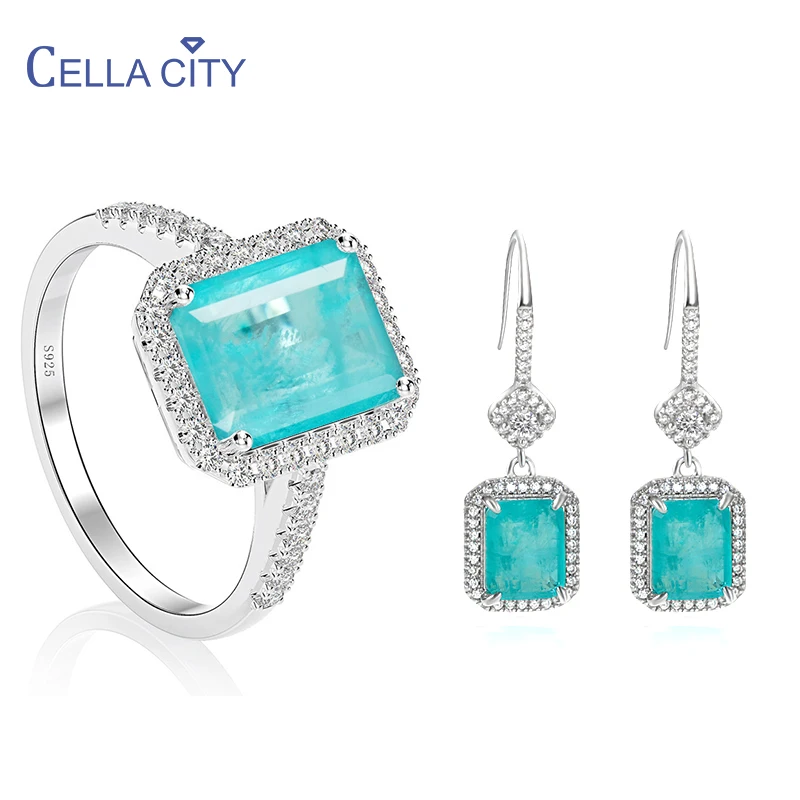 Cellacity Elegant 925 Stelring Silver Jewelry Sets 8*10Mm Emerald Paraiba Tourmaline Wedding Ring Drop Earrings Set For Women