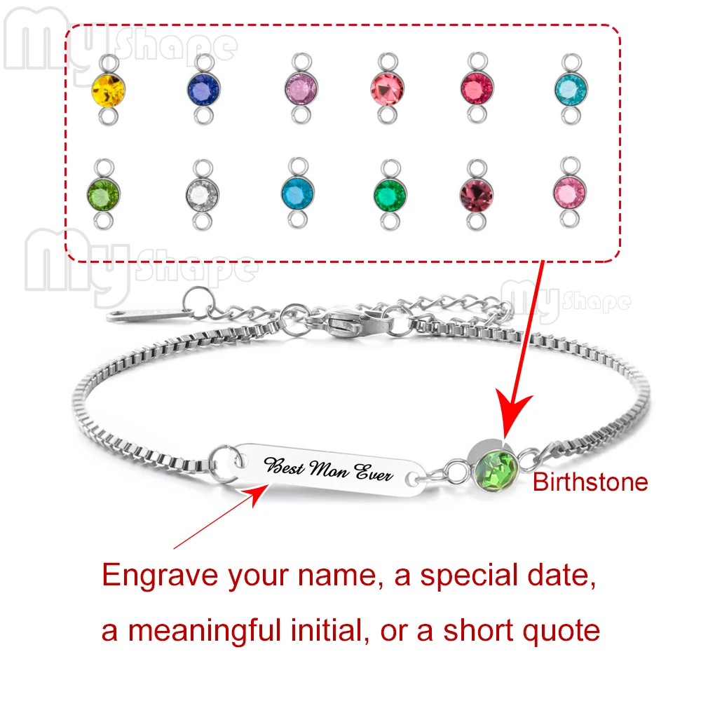 Custom Birthstone Engraved Bar Name Initial Date Bracelet Stainless Steel Personalized Jewelry Mother's Day Gifts Wife_voghion.com