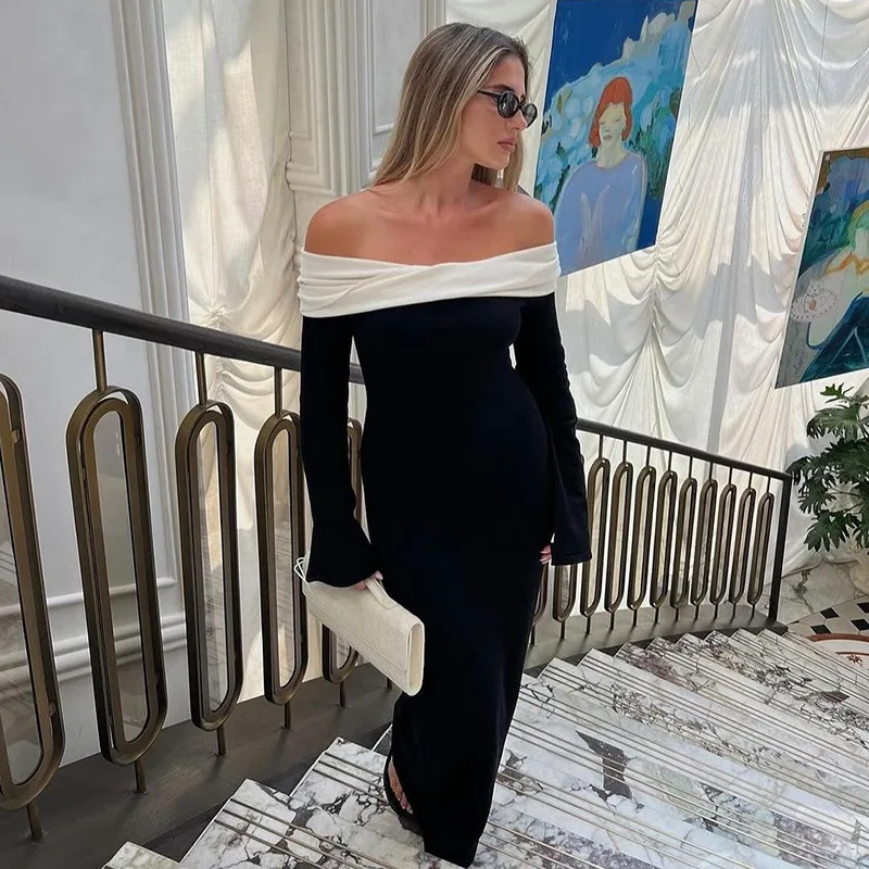 Elegant Contrast Slim Maxi Dress Female Off-Shoulder Fashion Twist Long Sleeve Patchwork Dress Ladies Party Dress Clothes