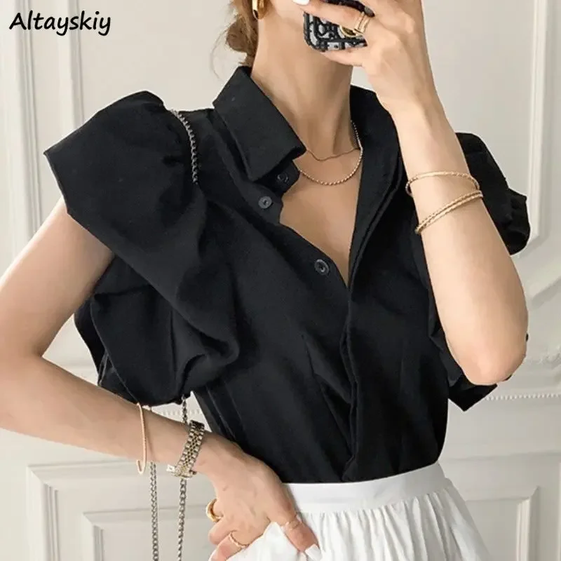 

Shirt Women Summer Puff Sleeve Solid Temperament Office Ladies Design Tops Graceful Aesthetic Popular Young Stylish All-match