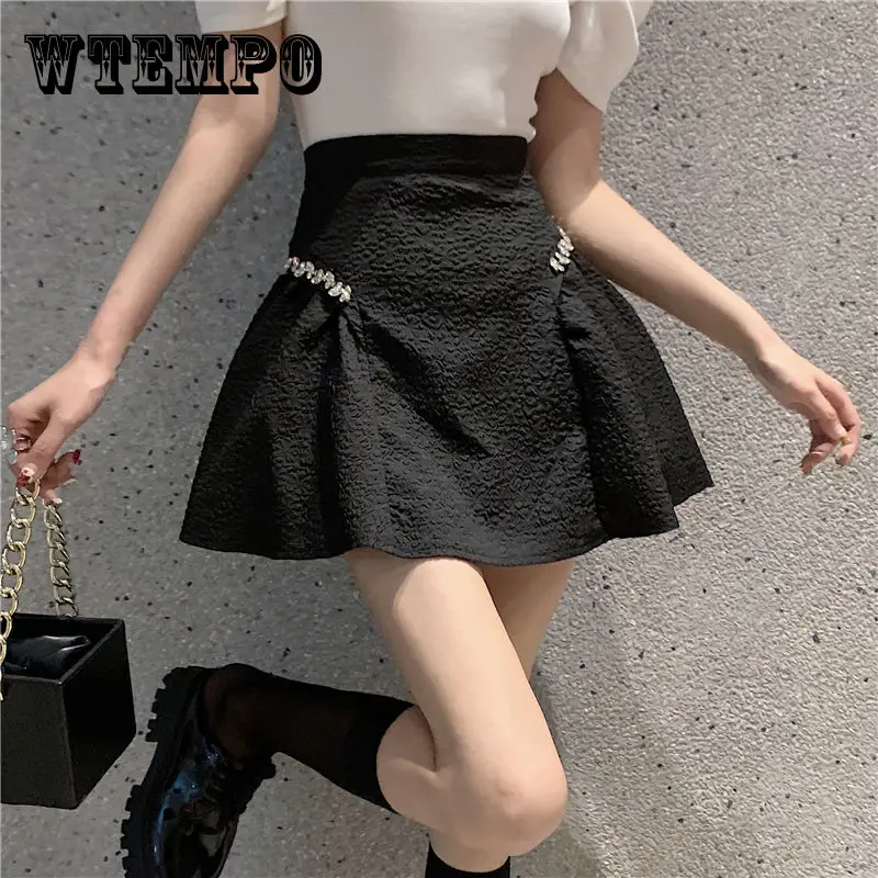 

WTEMPO Black High Waisted Irregular Short Skirt Adorned with Diamonds for Summer 2023 New Casual Puffy A-line Empire Skirts