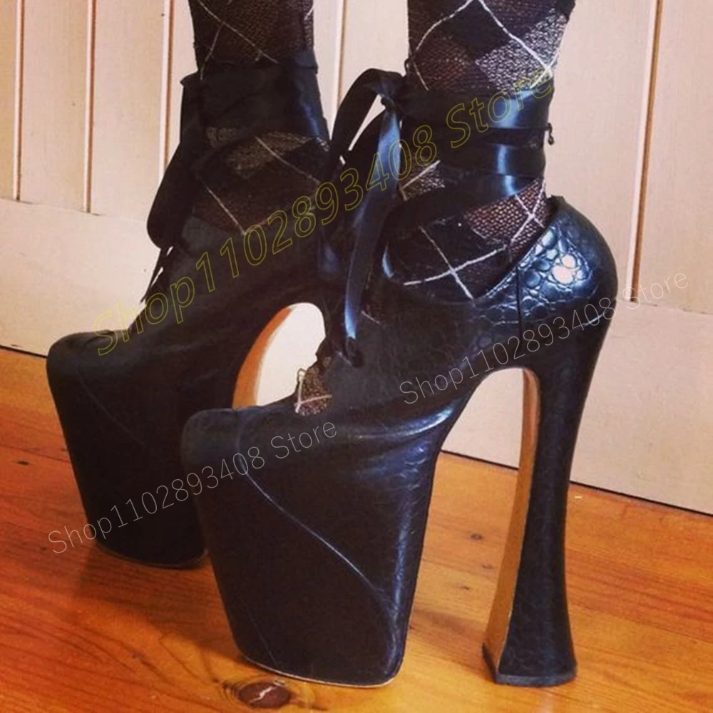 

Black Crocodile Pattern Lace-up Pumps Platform Chunky High Heel Runway Fashion Sexy Women Shoes 2024 Spring Zapatos Para Mujere