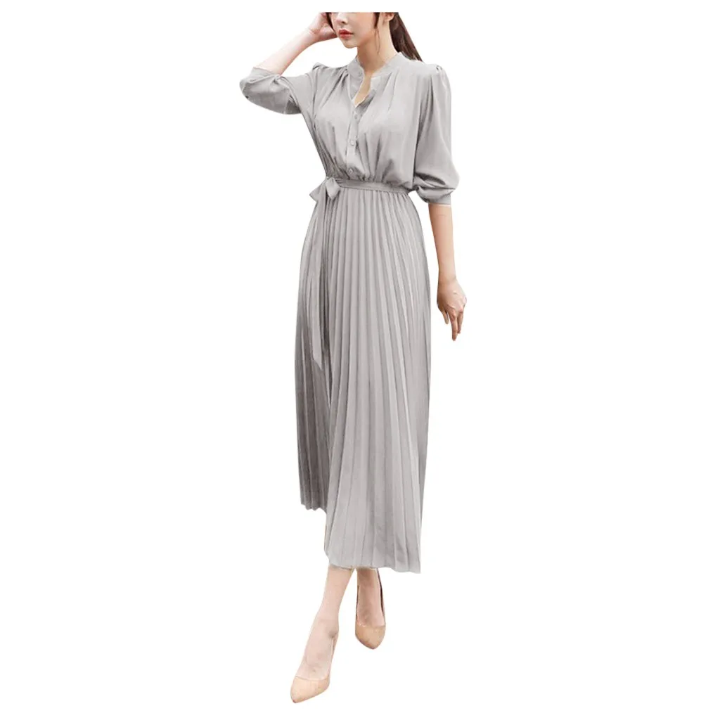 

Women Casual Solid V-Neck Dress Long Sleeve Beam Waist Big Swing Pleated Dress Formal Occasion Dresses Evening Dress Loose