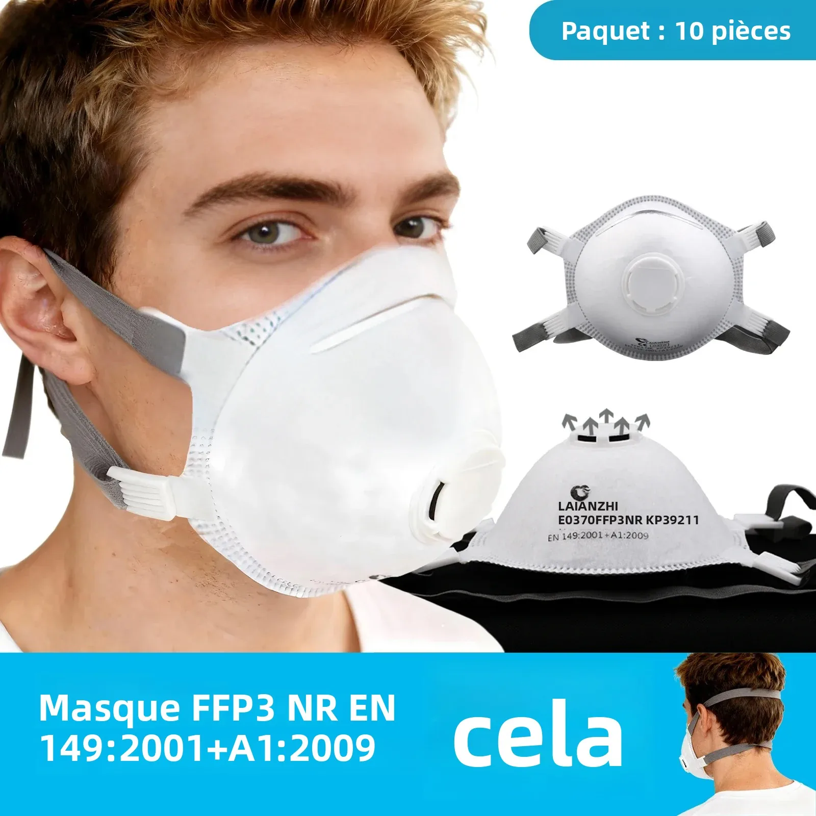 Masque FFP3 certifié CE en forme de tasse, vue de face avec élastiques blancs.