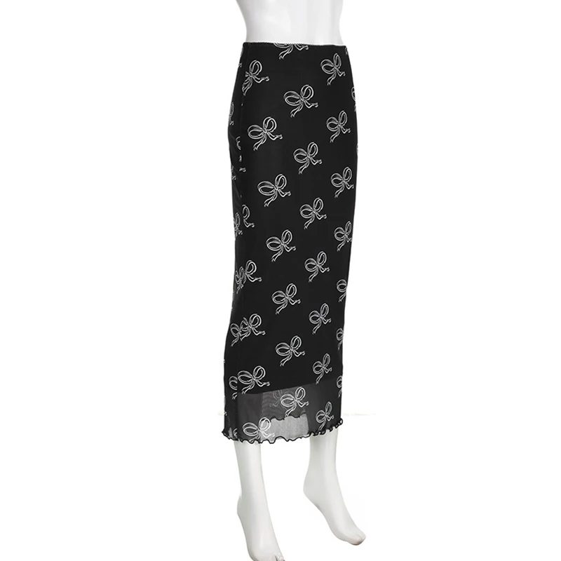 Falda Y2K Fairycore para mujer, con estampado de lazo y ribete de encaje, de cintura baja, de malla, ajustada, estilo grunge de los años 2000, para fiestas y ropa de calle.