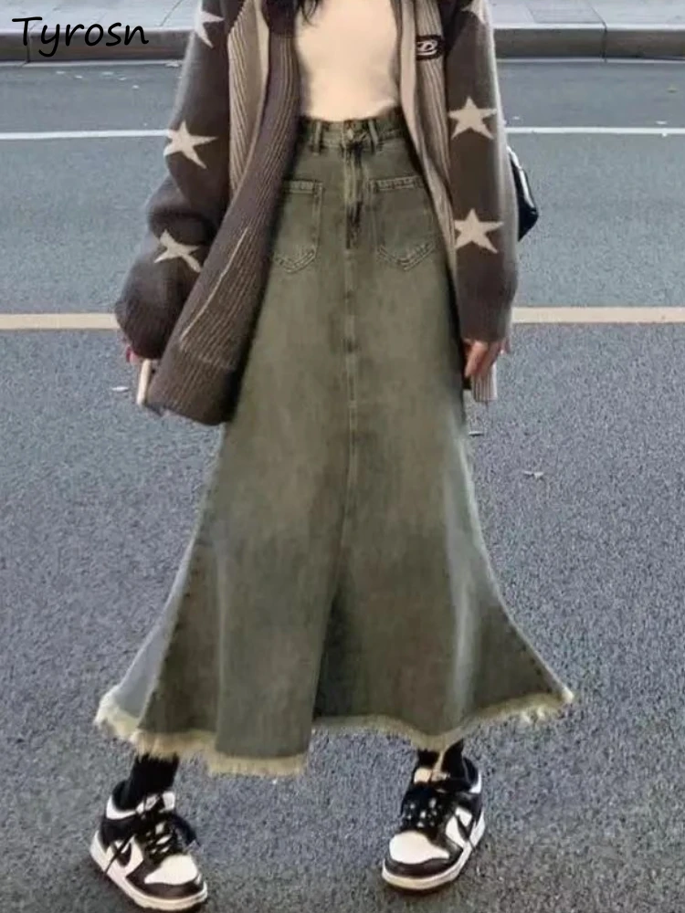 

Trumpet Denim Skirts Women Vintage Design Fashion American Style Simple All-match High Waist Daily Do Old Tender Midi Folds Cozy