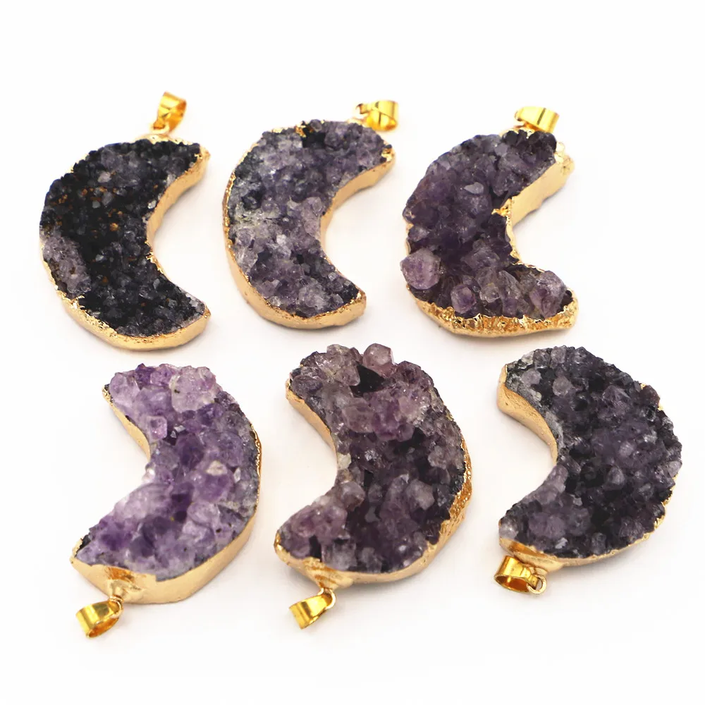 New Designer Natural Stone Druzy Cluster Heart  Pendants Charm Amethyst Healing Crystals Mens Necklace Women Jewelry Making 6PCS