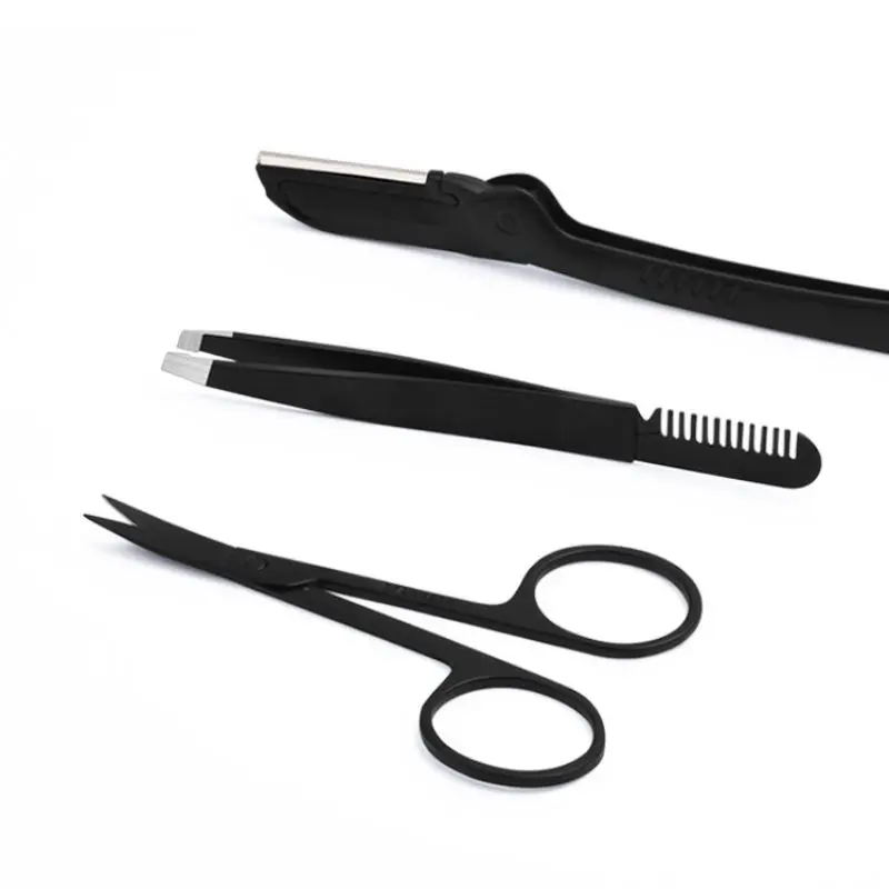 3 Pcs Eyebrow Tweezers Razor Scissors Professional Eyebrow Grooming Kit Stainless Steel Trimmer