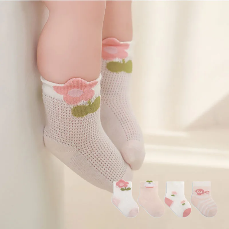 MILANCEL 어린이 달콤한 양말, 얇은 스타일 메쉬 통기성 핑크 양말, 여아 만화 꽃 양말, 여름 신상 
