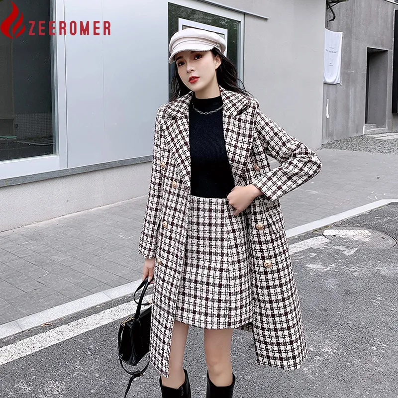 2022 Autumn Winter Houndstooth Tweed Two Piece Set High Quality