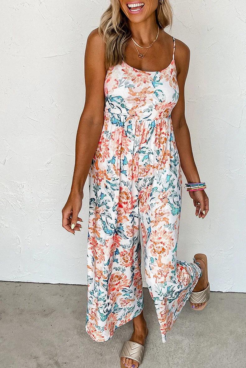 BKLD 2023 Summer High Waist Wide Leg Pants Jumpsuit Female Floral Pritned Spaghetti Strap Open Back Jumpsuits Woman One Pieces