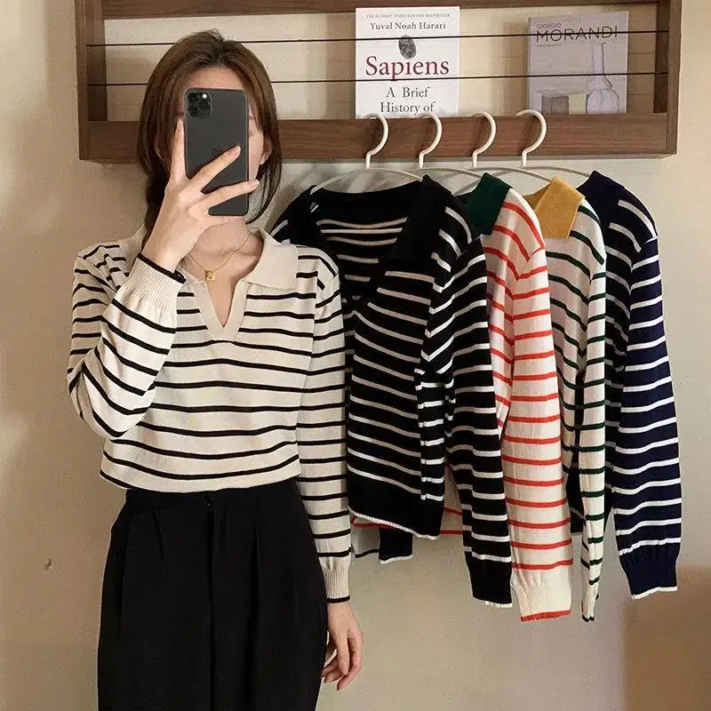

Autumn preppy style Striped knitting Turn-down Collar Long sleeve sweater women clothing Simplicity Pleated Slim Pullovers Femme