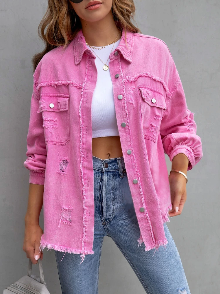 2023 Vintage Holes Denim Jacket Women Long Sleeve Denim Shirt Spring and Autumn Jeancoat Streetwear Casual Tops Loose Outerwear women holes raw edges denim jacket new spring autumn shirt style jeancoat casual top rose red orange purple outerwear lady coat