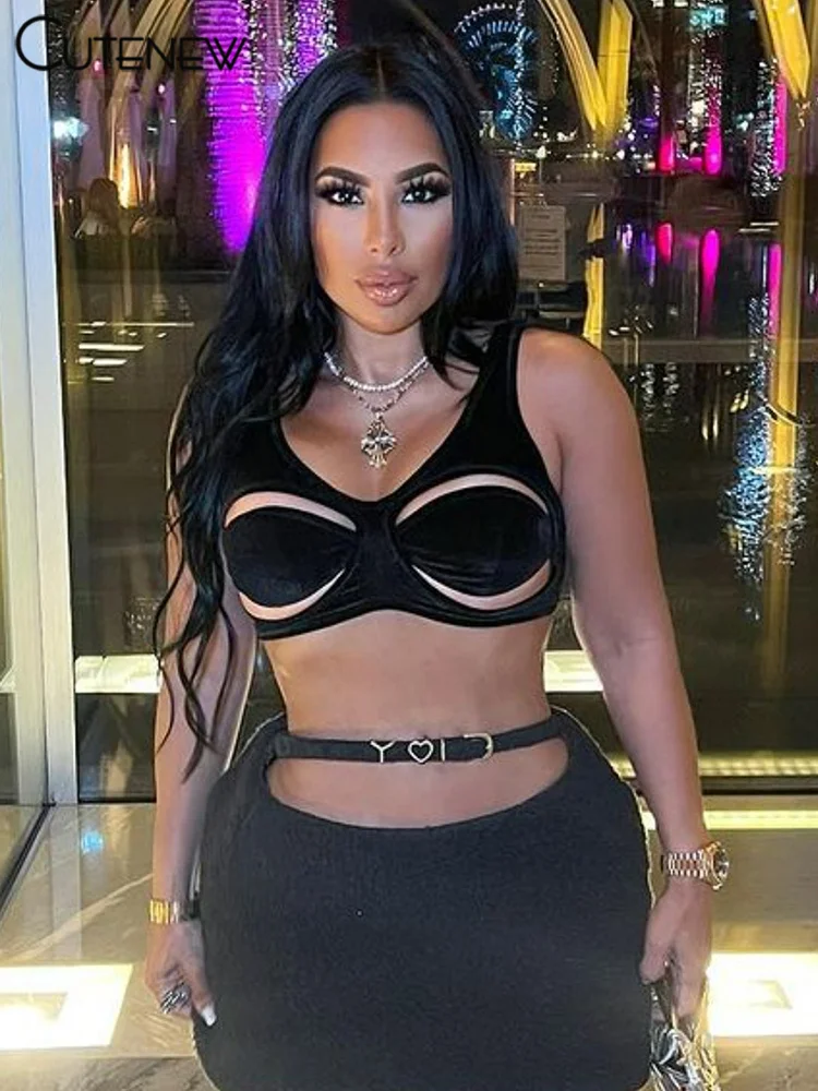 Velvet Hollow Tanks Women Sexy Hot Cleavage Summer Y2K Solid Slim Bare Midriff Vests Female Wild Street Backless Camis