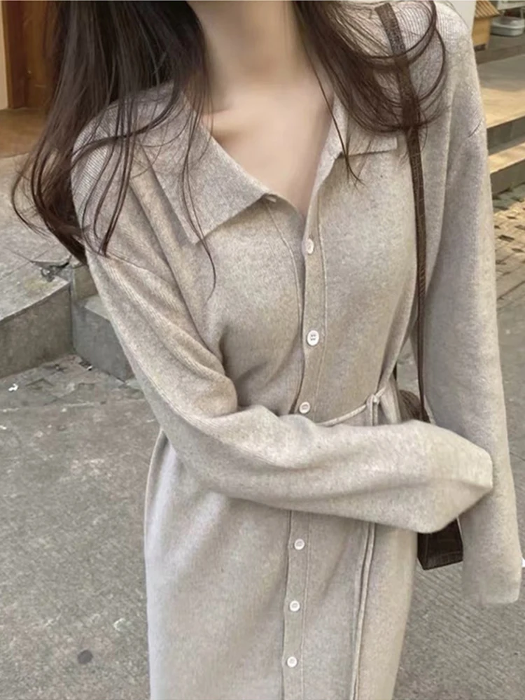 

Eelegant Knit Women Dress Midi 2023 Autumn Long Sleeve Single-breasted Lace Up Female Dresses Solid Slim Casual Lady Robe