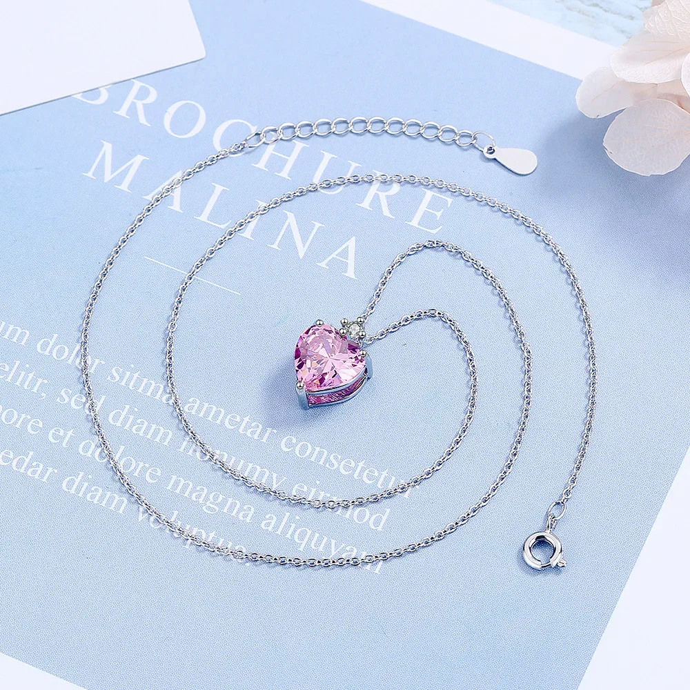 S925 Sterling Silver Diamond Heart-Shaped Pink Pendant Clavicle Chain Necklace (40cm + 5.0cm)
