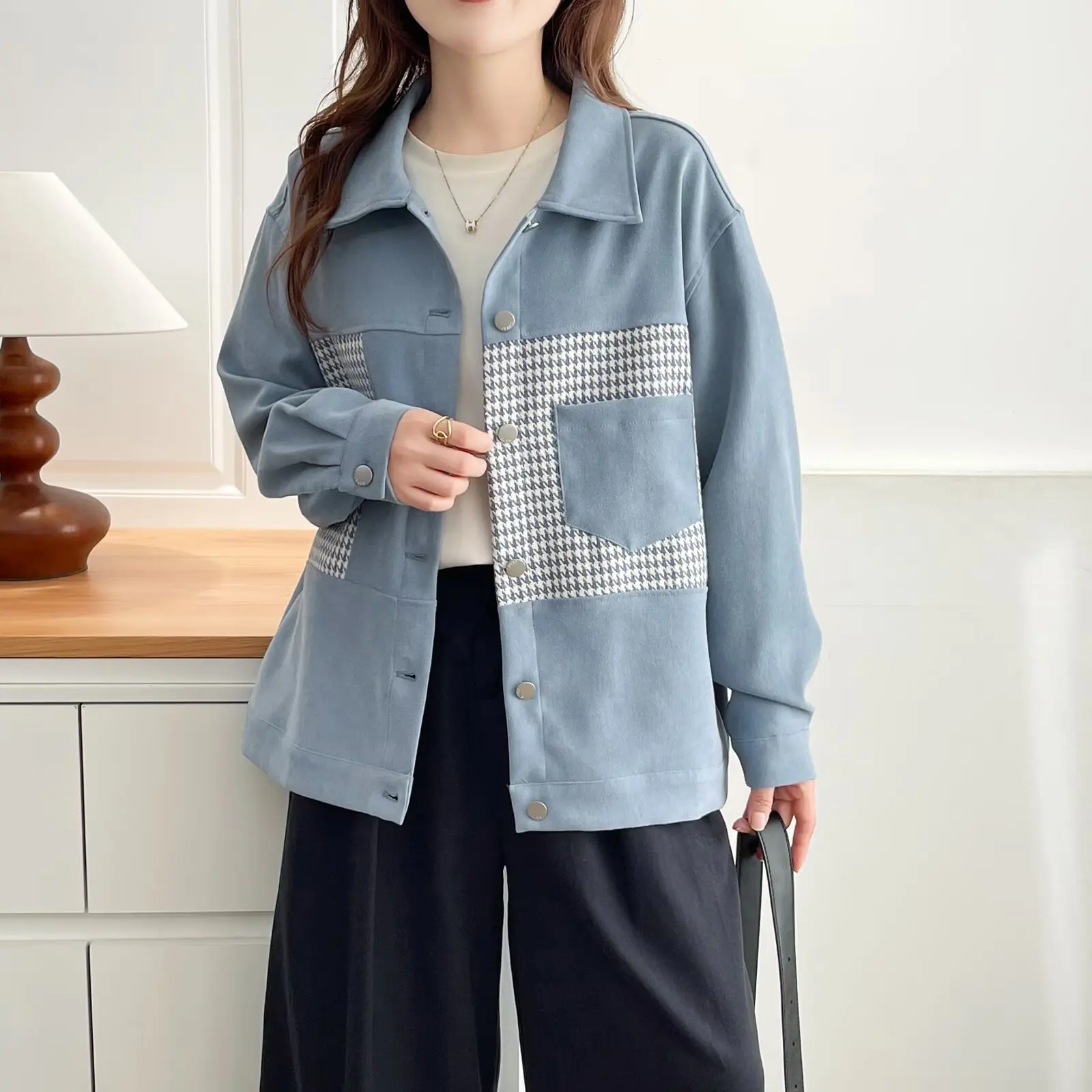 Fashion Plus Size Women's Shirt Jacket New Autumn Style Plaid Patchwork Lapel Stylish Long Sleeve OUTERWEAR 685