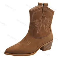 Women Boots 2025 New Cowboy Retro Leather Ankle Boots Comfortable Embroidered Spring Autumn Sexy High Short Boots Botas Mujer - Image 6