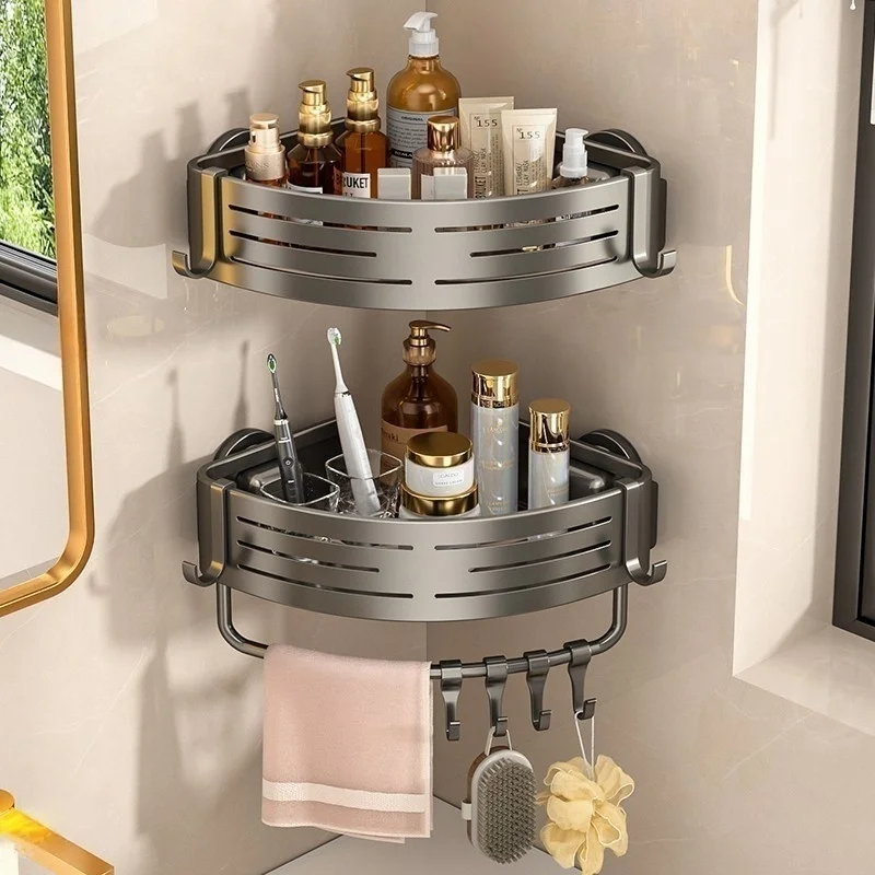No-Drill Suction Cup Bathroom Suction Shelf Perforation-free Toilet Wall Mounted Shower Gel Triangle Basket Bathroom Shelf_voghion.com