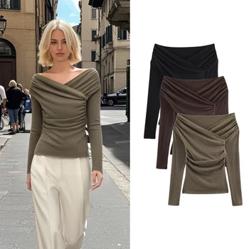 Women's Chic Solid Pleated T-shirt Spring Female Off-Shoulder Long-Sleeve Fitted Pullovers Basic Lady Knitted  T-Shirt 1