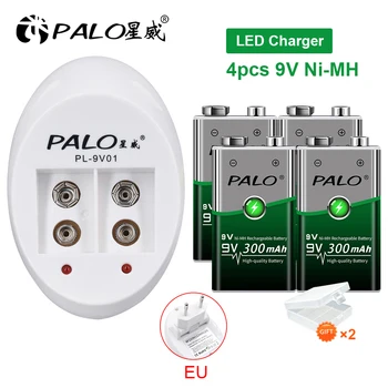 Аккумуляторная батарея крона PALO 300 мАч корона 9 вольт NIMH 6F22 9 вольт Батарея + 9 вольт зарядное устройство для 9V Ni-MH литий-ионных аккумуляторов б.