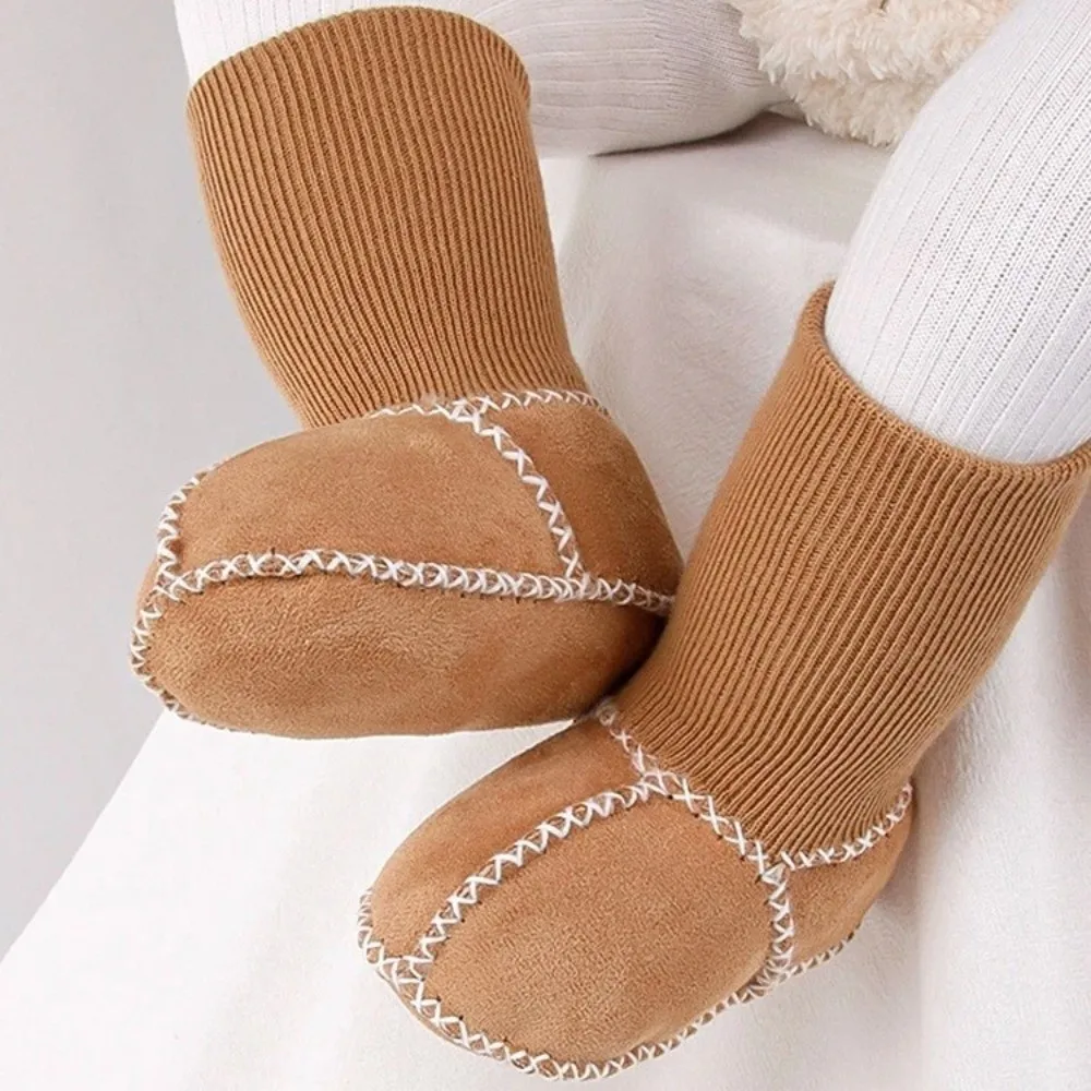 Thickened Suede Leather Shoes Fleece-Lined Suede Leather Socks Shoes Anti-slip Soft Bottom Infants Winter Booties 0-12 Months