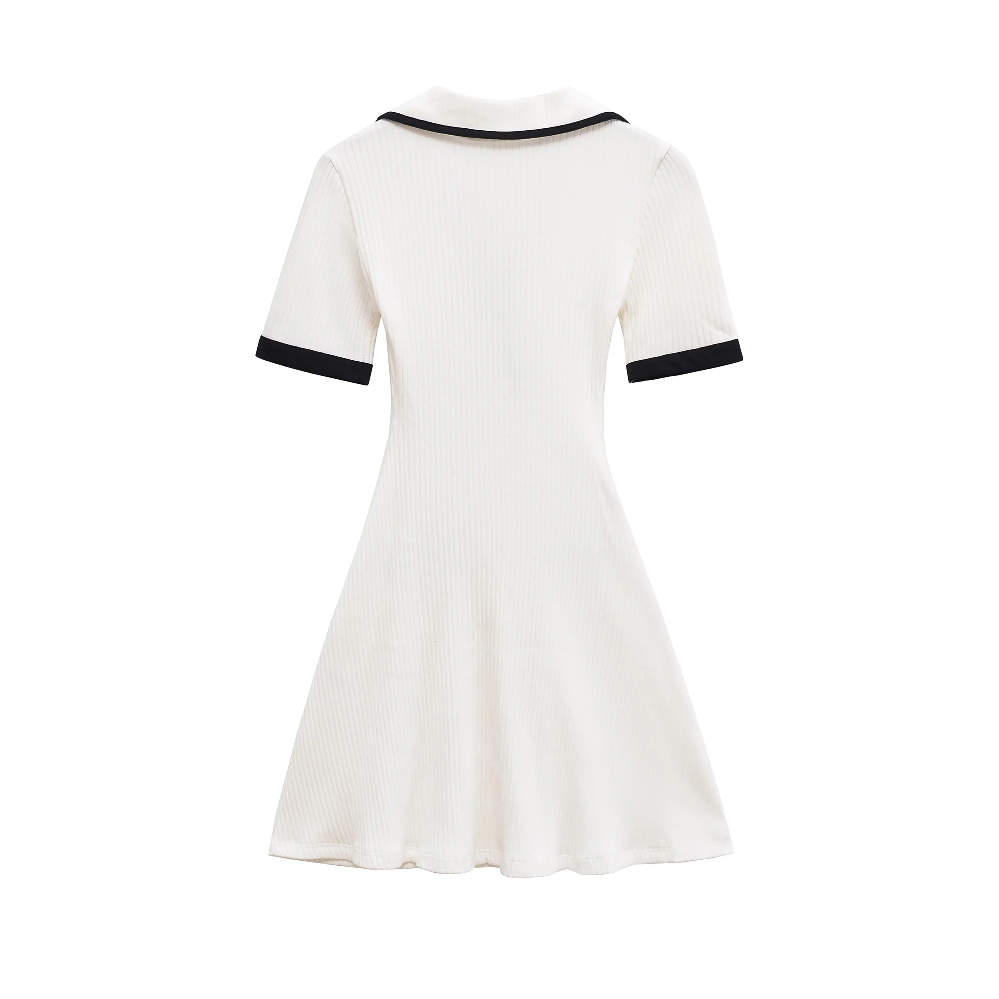 2025 Women Sweater Dress Autumn Women's Slim Fit V-Neck Short Sleeve Skirt Cinched Waist Metal Button Ribbed Dress College Style