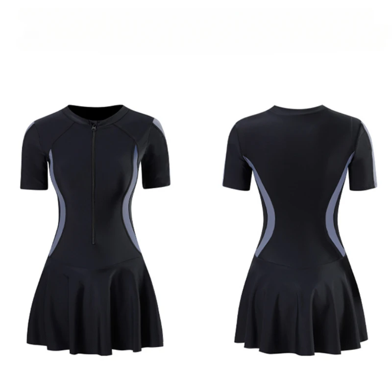 

Summer Women One-piece Bathing Suit Korean Short-sleeved Slim High Waist Beach Swimwear Skirts Teenager Girls Sports Swimwear