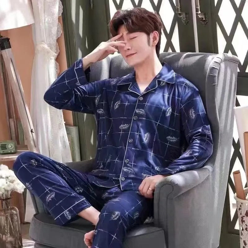 spring summer male long sleeve pajama sets casual striped lounge set comfortable soft sleepwear pijama plus size pajamas for men 2024 New Fashion Cotton Men's Pajamas Male Summer Long Sleeve Pants Casual Comfortable Loungewear Youth Plus Size Sleepwear Sets