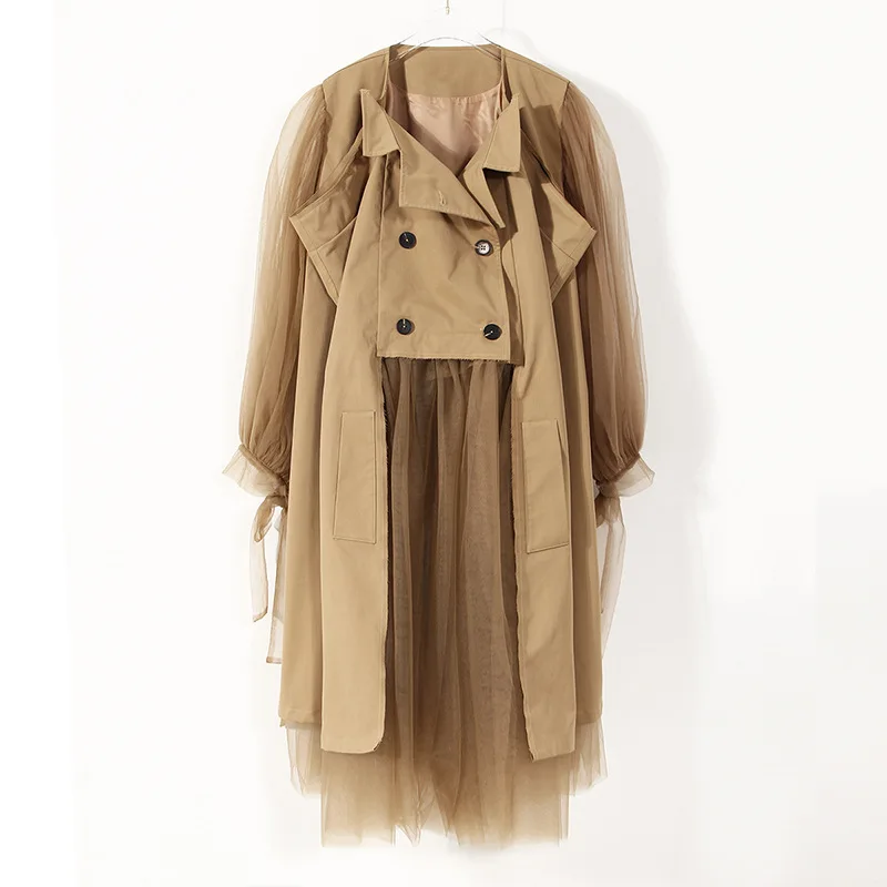 

Women's Stylish Design Khaki Trench Coat Mesh Patchwork Double Breasted Long Overcoat