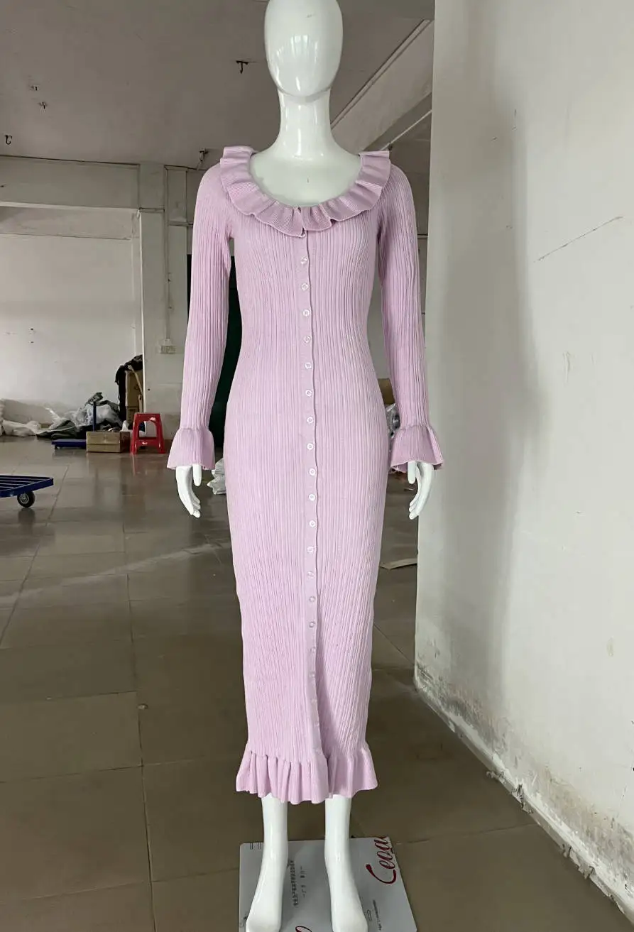 Knit Fashion Ruffled Maxi Dress Women Ribbed Slim Scoop Neck Elegant Knitwear Party Dress Gown Female Long Dress Autumn