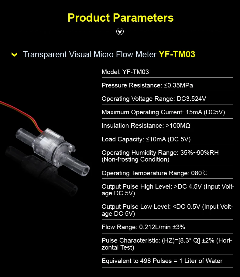Hall Effect Mini Water Flow Sensor TM02 TM03 Pulse Output 3.5‑24V Transparent Qu