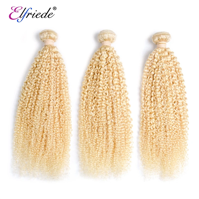 Elfriede #613 Blonde Kinky Curly Bundles with Closure 100% Brazilian Remy Human Hair Weaves 3 Bundles with Lace Closure 4x4