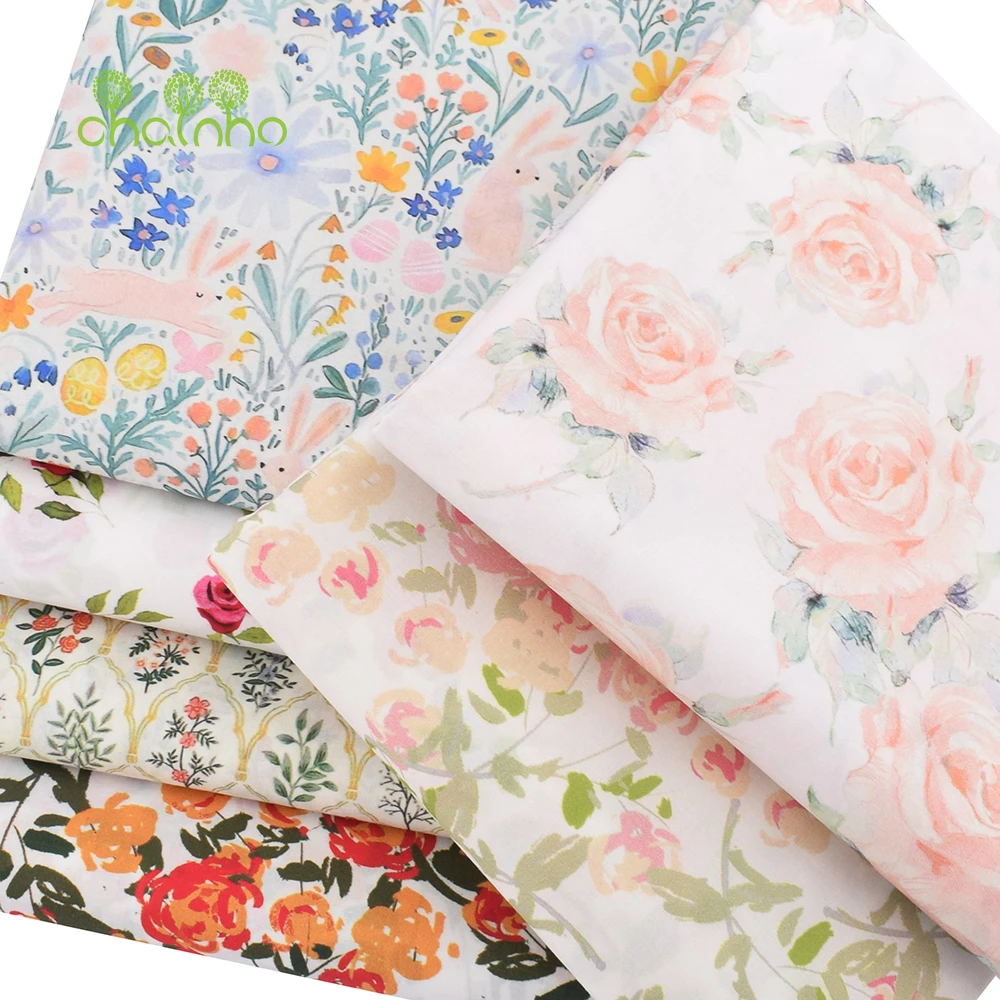 Chainho,Floral Series 60S Reactive Printed Plain Cotton Fabric,Poplin Material For DIY Quilting Sewing Children's Dresses,Skirts