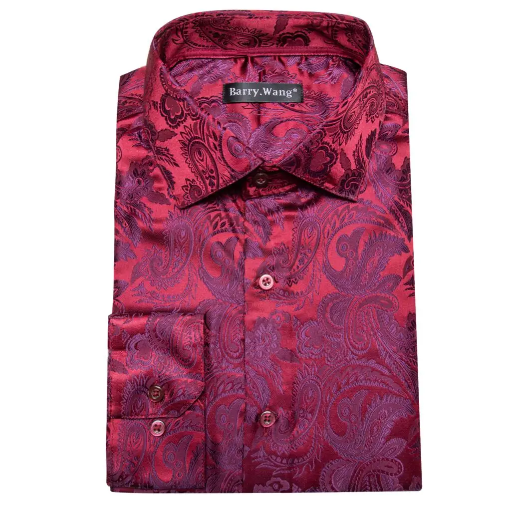 Designer Shirts for Men Silk Embroidered Red Burgunday Paisley Long Sleeve Slim Fit Male Blouses Tops Breathable Barry Wang