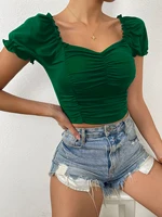 fashion square collar slim lace short-sleeved short T-shirt pleated design pure color top - Image 3