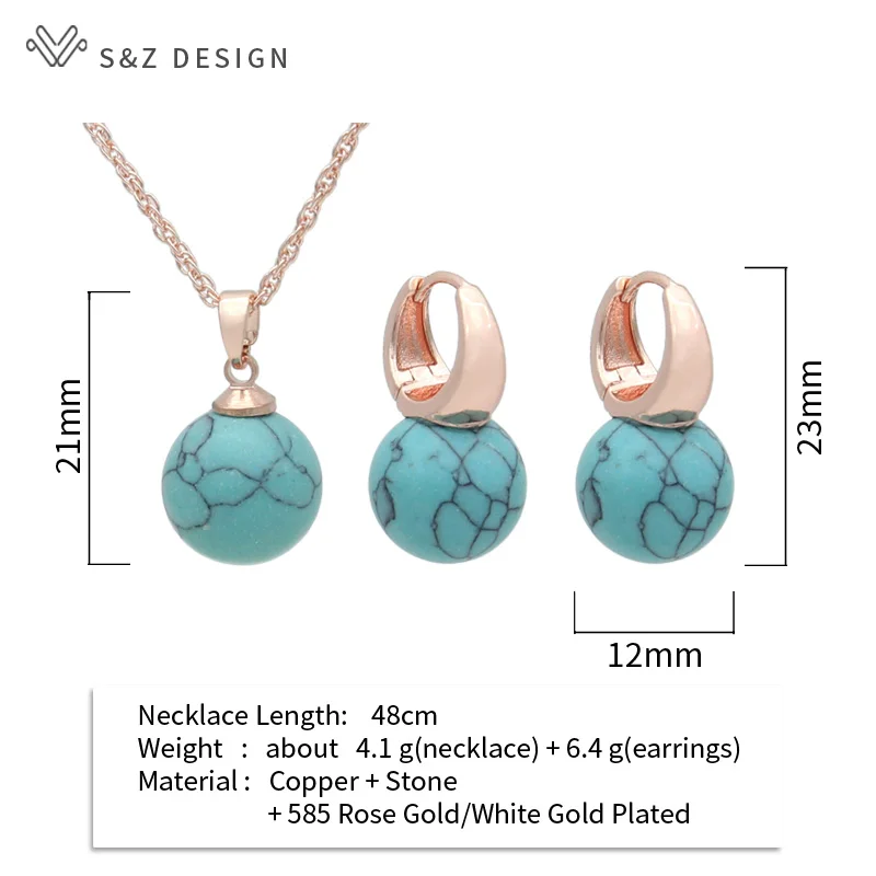 S&Z DESIGN New 585 Rose Gold Color Round Synthetic Turquoises Drop Earrings Jewelry Sets For Women Wedding Pendant Necklace