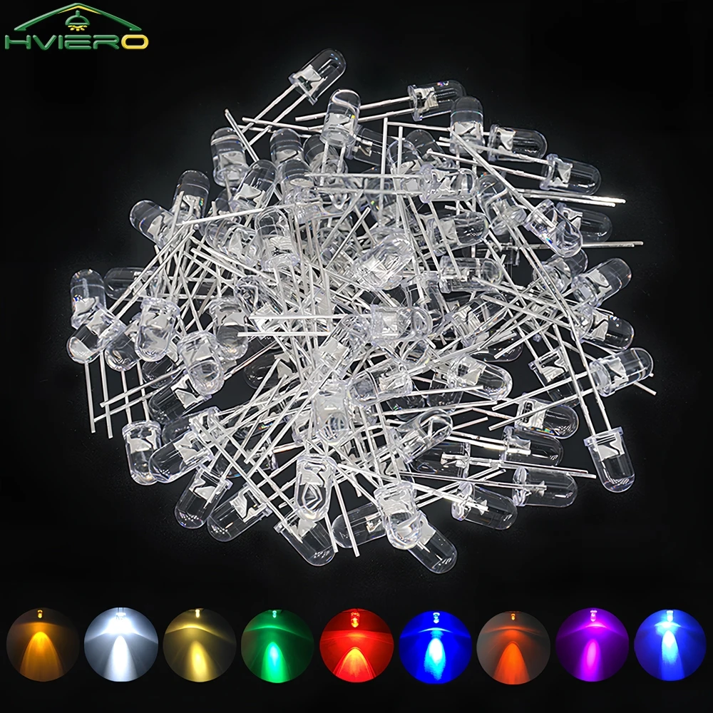 100Pcs 5mm Direct Insertion Round Head White Yellow Red Diode Led Super Bright Water Clear Emitting Diodes Lamps Bead Decoration