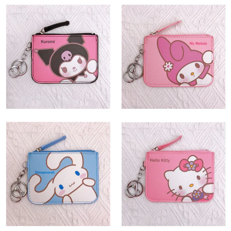 12Cm Sanrios Kawaii 카툰 귀여운 시나모롤 쿠로미 헬로 키티 마이 멜로디 가죽 카드 홀더 동전 지갑 키 체인 펜던트