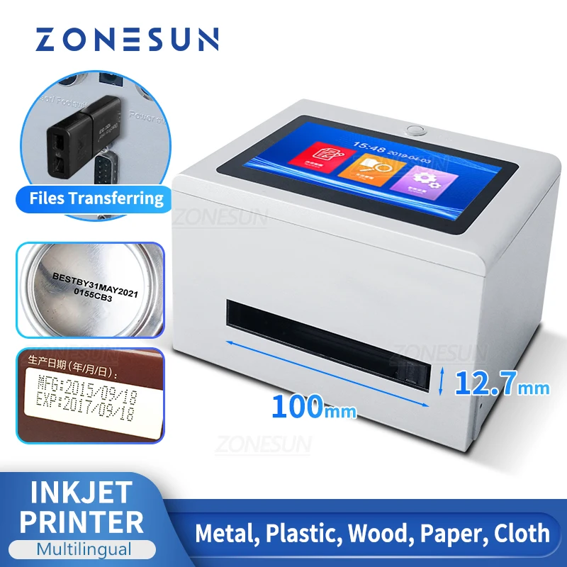 

ZONESUN ZS-TIP127 Tabletop Inkjet Printer Portable 12.7mm QR Barcode Batch Expiry Date Serial Number Logo Digital Touch Screen