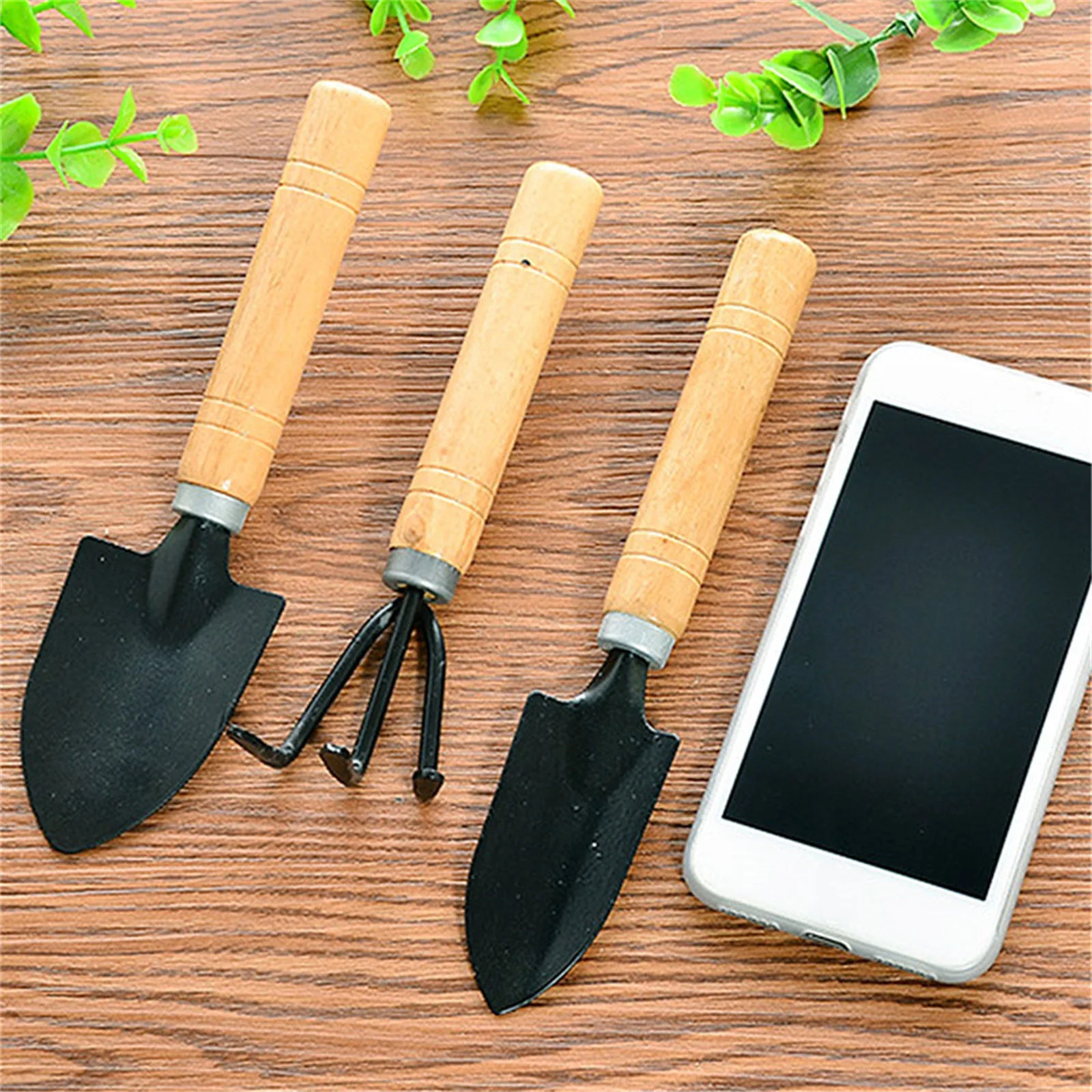 3pcs/Set Mini Garden Tool Sets Shovel Rake Spade Bonsai Tools Set Wooden Handle Garden Seed Disseminators Plant Bonsai Tools