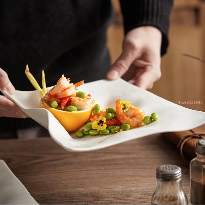 

Shaped White Ceramic Dinner Plate High-end Restaurant Steak Plate Square Tray Cold Dish Plate Hotel High-end Club Tableware
