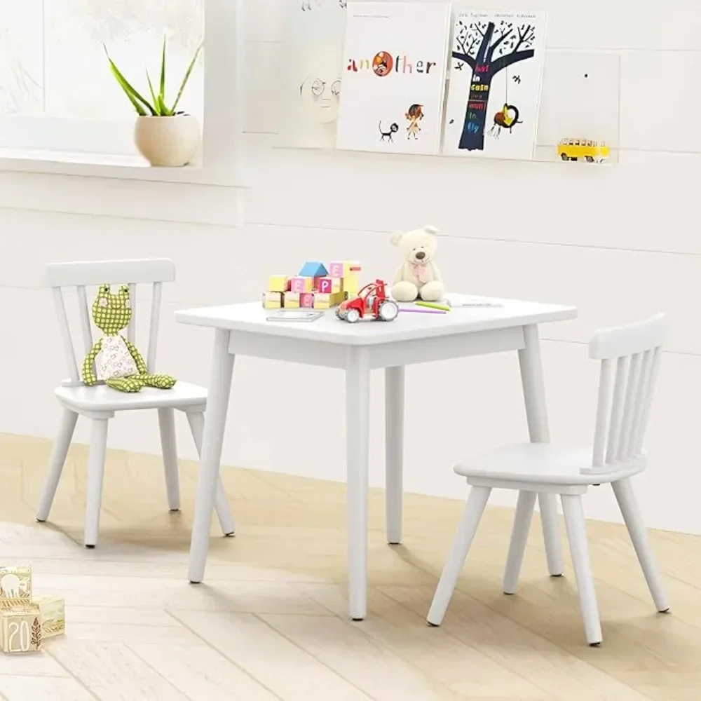 Windsor Kids Table and 2 Chair Set, Rubberwood Toddler Table and Chair Set for Art, Play, Craft, Activity, Children Table，White 2