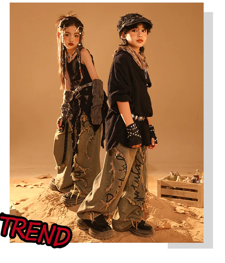 Girls Wasteland Street Dance Knitted Tank Top Jeans Boys Hip Hop Hoodies Clothes Sets Kids Jazz Costume Children Punk Streetwear S7358c58ea5bd42a88316f832b42bfe8fo