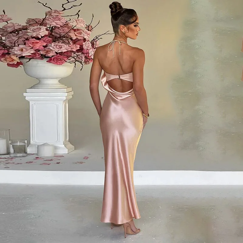 

Satin Pink Evening Dress 2023 Bodycon Cocktail Dresses Woman Summer Elegant Luxury Maxi Long Halter Sexy Party Club Dresses