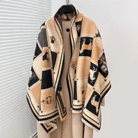 Luxury Horse Print Cashmere Poncho - Women Winter Warm Shawl Wraps, Thick Pashmina Blanket Scarf for Travel - Image 4
