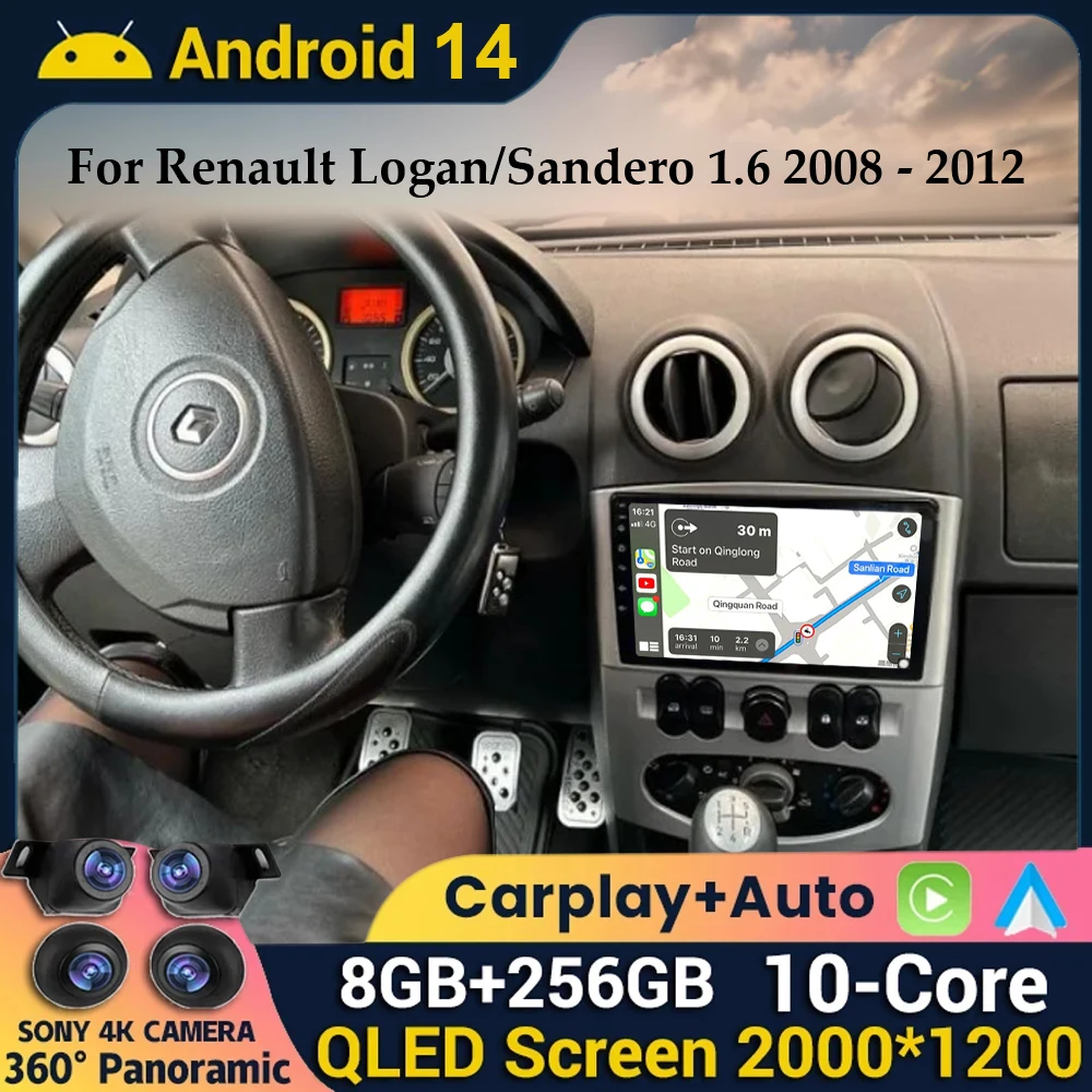 

Автомобильный мультимедийный плеер, 9 дюймов, Android 14, для Renault Logan/Sandero 1,6 2008-2012, беспроводной автомобильный радиоприемник для Carplay, GPS-навигация, Wi-Fi